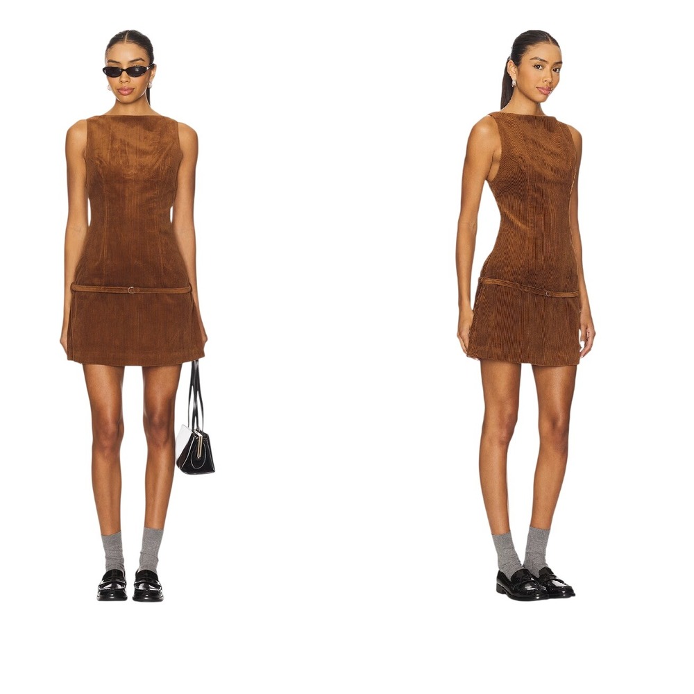 Zara Brown Corduroy Sleeveless Mini Dress with Belted Hip Detail Size XS